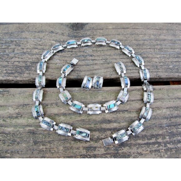 Vintage Mexico Taxco Abalone Sterling Silver 3 piece jewelry suite, necklace - Picture 5 of 8